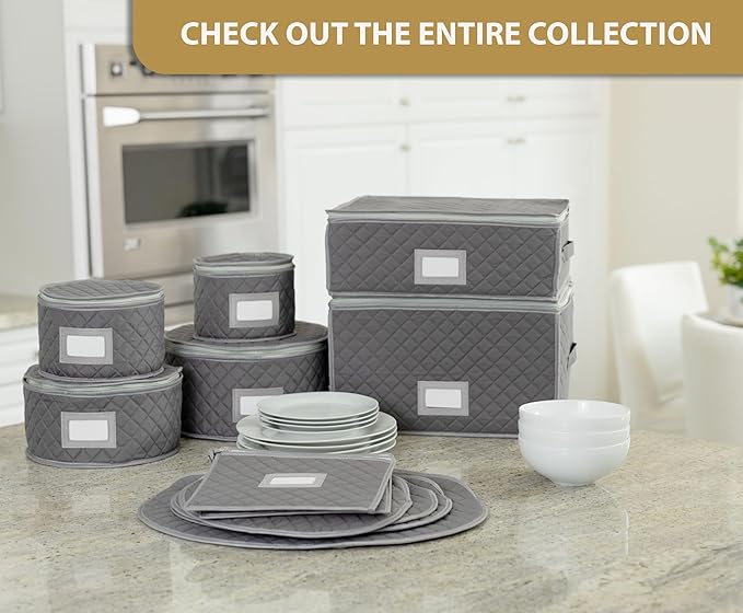 China Storage Case - Salad Plate Quilted Case - 10" W x 6" H - Gray - Includes 12 Felt Separators - Stackable With Padded Interior to Store your Dinnerware Dishes-NeatNest