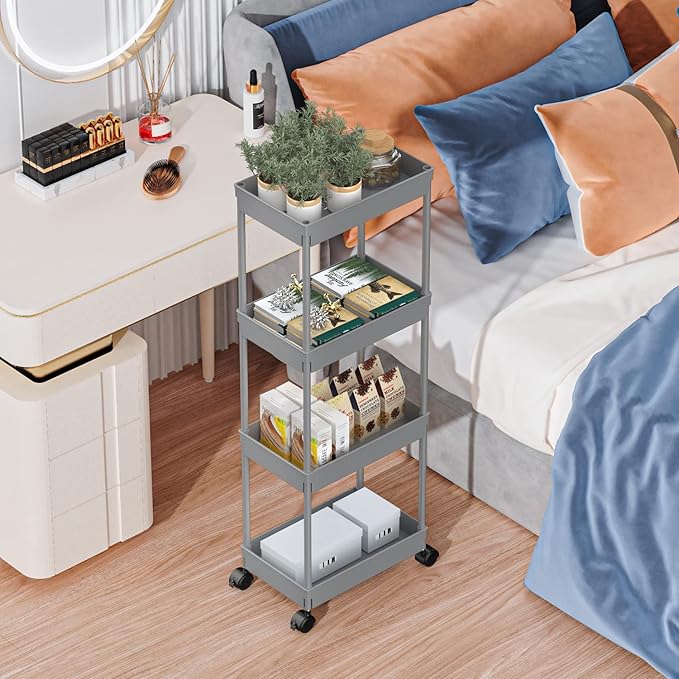 Sooyee 4 Tier Wide Storage Cart Mobile Shelving Unit Organizer Slide Out Storage Rolling Utility Cart Tower Rack for Kitchen Bathroom Laundry, Plastic & Stainless Steel,Grey