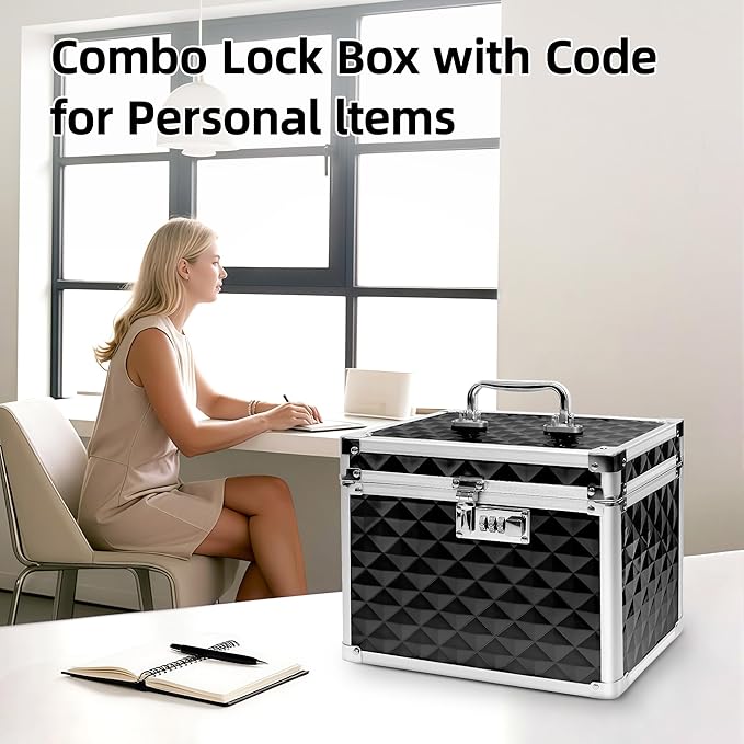 Medication Combination Lock Boxes with Code for Personal Items, Medicine Lockbox for Documents 10 x 7.25 x 7.75 Inches Plaid Black