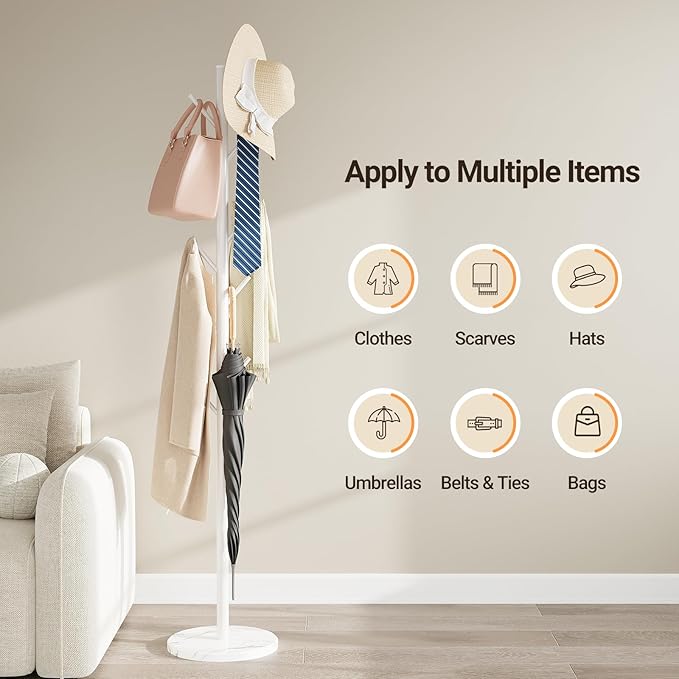 ELYKEN Coat Rack Freestanding with Natural Marble Base, Metal Coat Rack Stand with 10 Hooks, 3 Adjustable Size Coat Tree for Bags, Clothes, and Hats for Entryway, Bedroom, Hallway, Office, White-NeatNest