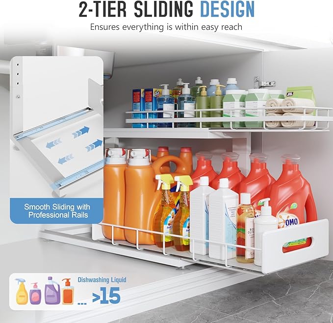 2 Pack 21 IN Depth Pull Out Cabinet Storage With Smooth Rails,2-Tier Dual Pull Out Cabinet Storage For Bathroom Kitchen,Under Sink Shelf-White-NeatNest