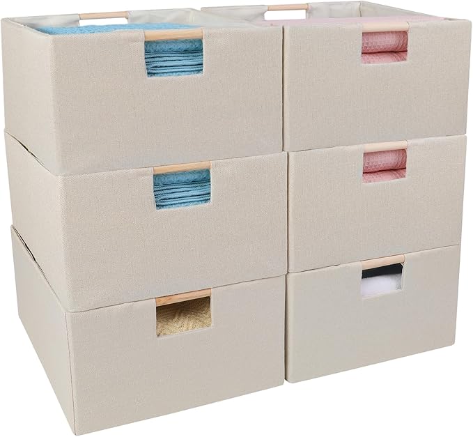 ANMINY 6PCS Storage Baskets for Organizing Collapsible Fabric Storage Bins Boxes with Wood Handles Closet Shelves Cube Organizer Bins Clothes Laundry Storage Container - Small, Beige-NeatNest