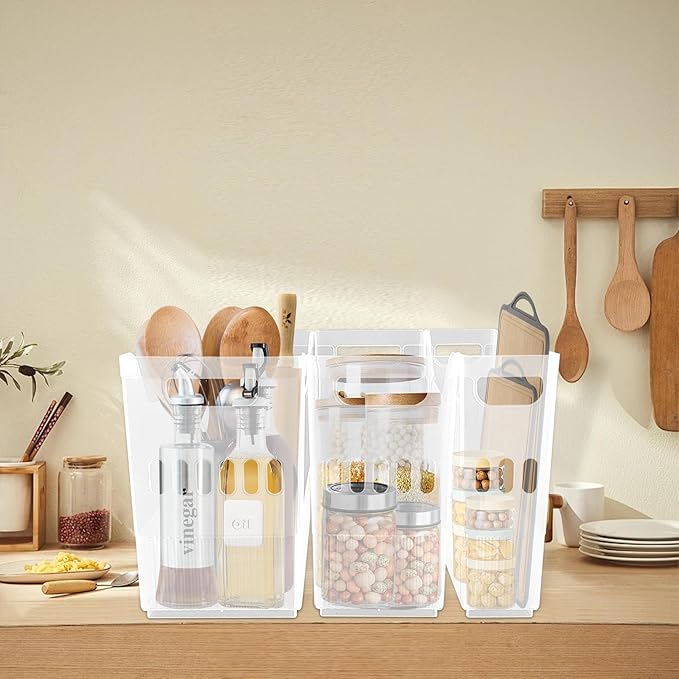 3 Pcs Freezer Organizer Bins with Wheel Clear Plastic Pantry Organizer and Storage 3 Size Tall Narrow Kitchen Organization Pantry Organizer Snack Storage Containers for Office Refrigerator