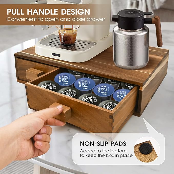 Acacia Wood K Cup Holder,Coffee Pods and Tea Bag Storage Organizer,with Two Drawers Kcup Holders for Counter,Multi-Functional Coffee Maker Stand-NeatNest