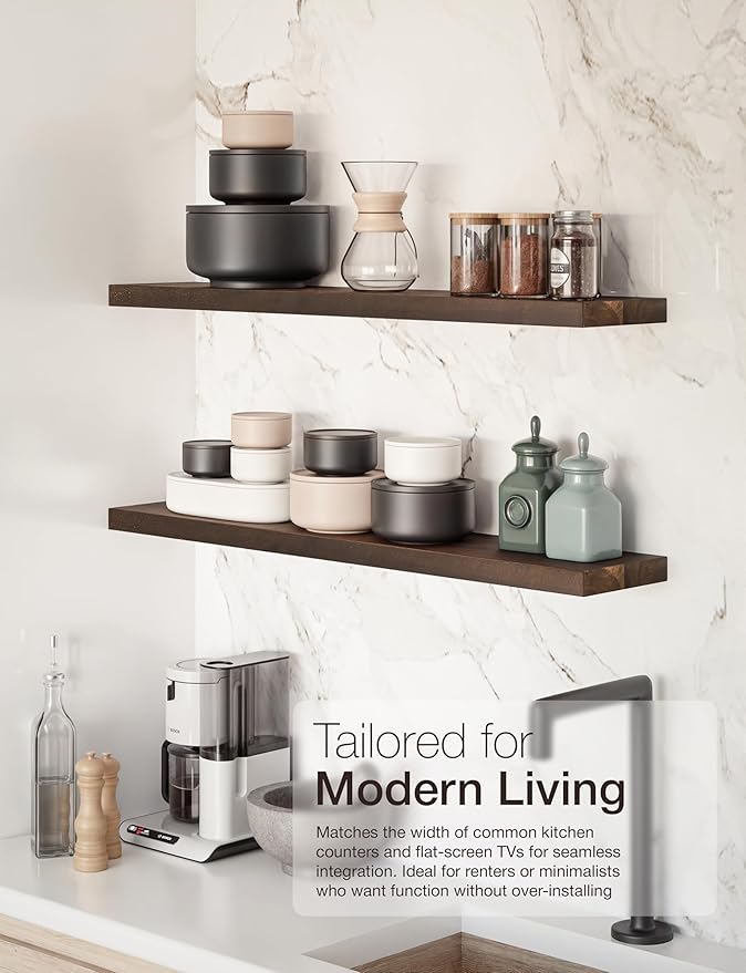 BATODA Set of 2 36" Acacia Floating Shelves for Wall – Rustic Farmhouse Floating Shelves - Wooden Wall Storage Shelf Home Décor - DIY Floating Book Shelves - with Brackets & Hardware (Walnut Color)-NeatNest