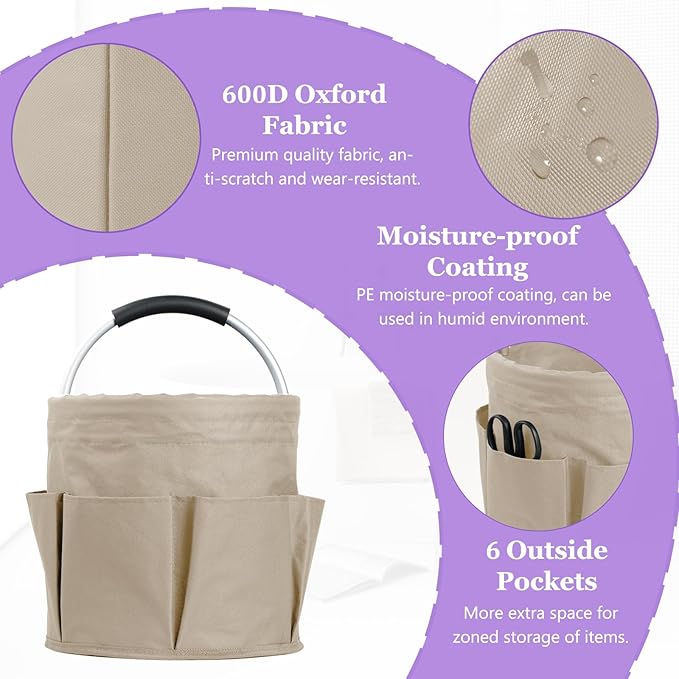 17L Cleaning Supply Caddy with Soft Handle, Portable Shower Caddy in 600D Oxford Fabric, Garden Tool Organizer Bag, Multifunctional Storage Basket for Bathroom, Garden, Khaki-NeatNest