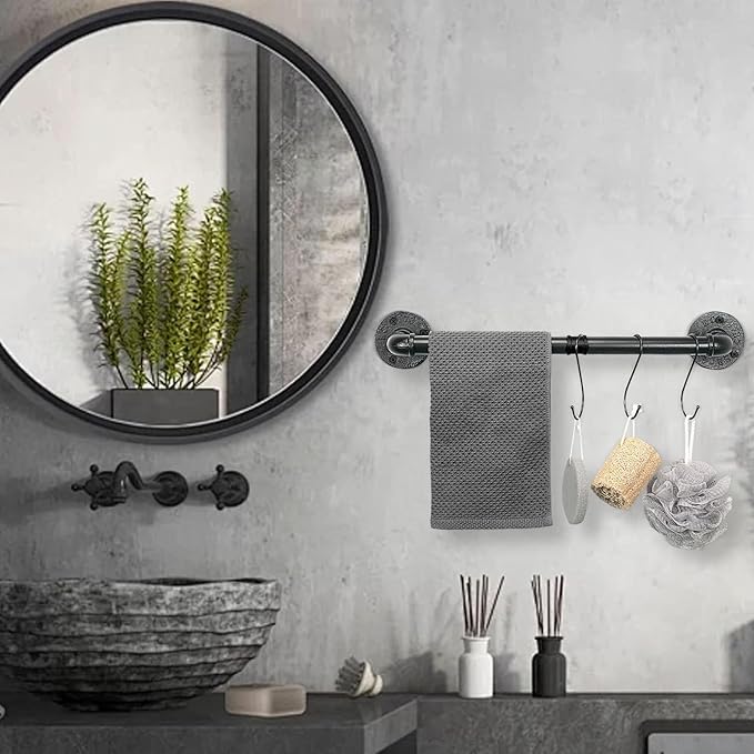 Industrial Pipe Towel Rack Towel Bar, Heavy Duty Wall Mounted Rustic Farmhouse Bath Towel Holder for Bathroom (Black, 18 Inch)