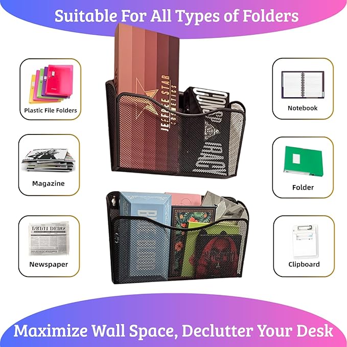3 Single Pocket Mesh Wall File Organizer, Metal Vertical Wall Mounted Magazine Mail Paper Document Folder Holder for Office Home School, Black
