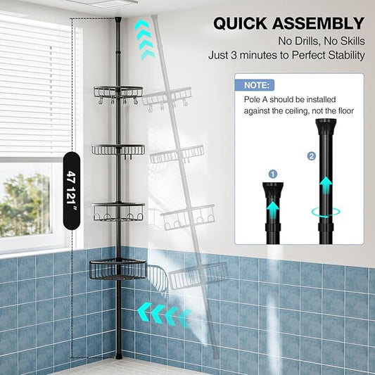 Corner Shower Caddy Tension Pole: Stainless Steel Rustproof 4-Tier Shower Organizer - 47-121 inch Adjustable Bathroom Shelves for Bathtub Shampoo Storage - Tension Rod Floor Standing Bath Rack - Black-NeatNest