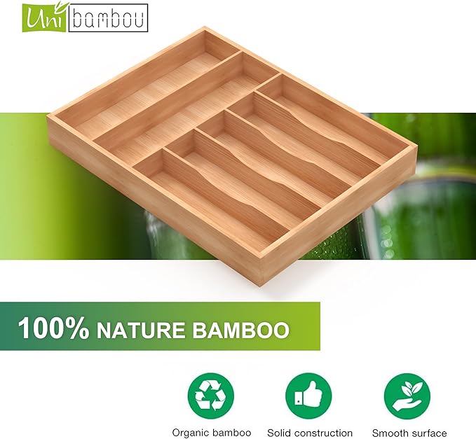 Bamboo Utensil Drawer Organizer, Silverware Tray Organizer, Kitchen Drawer Organizer for Flatware Cutlery, Silverware Tray for Drawer (brown, Large 16.5x12.3 Inch)-NeatNest