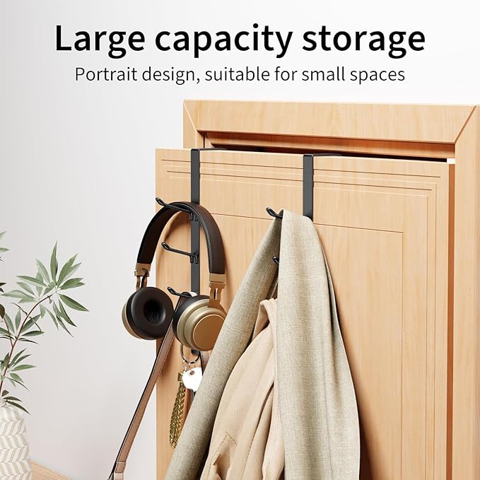 niffgaff 8 Hook Over The Door Hooks, Vertical Over The Door Towel Hook, Over Door Hook, Over The Door Hanger, for Towel and Clothes Hangers, Black, 2 Pack,12.28“,for 1.7'' Door