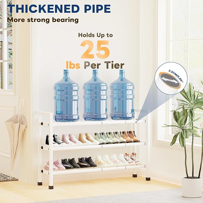 Mavivegue 3-Tier 19"-43.3" Adjustable Shoe Rack for Closet,Expandable Shoe Rack, Hall Entryway,Front Door,Garage, Sturdy Steel Space-Saving Rack, White-NeatNest
