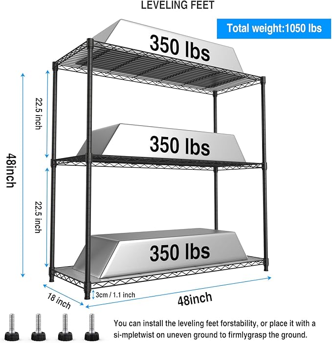 3 Tier NSF Wire Shelf Shelving Unit, 18 x 48 x 48 Inch 1050lbs Capacity Heavy Duty Adjustable Storage Metal Rack with Leveling Feet & Shelf Liners, Ideal for Garage, Kitchen, Office and More - Black
