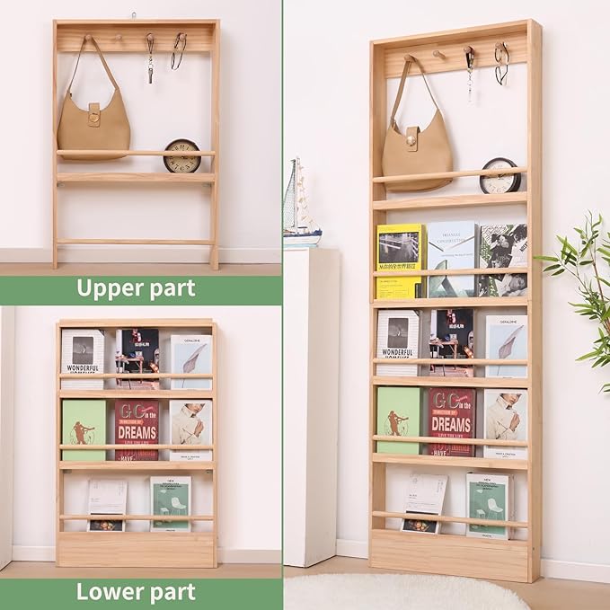 Wooden 5 Tiers Kids Bookshelf, Wall Mount Shelf with Hooks, Organizer for Toys and Books (Nature)