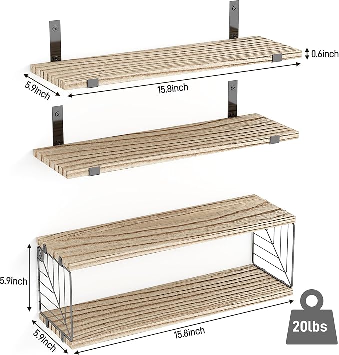 Fixwal 3+1 Tier Bathroom Floating Shelves Over Toilet, 15.8in Farmhouse Rustic Wood Shelves, Wall Decor for Bathroom, Living Room,Bedroom and Kitchen (Rustic Brown)-NeatNest