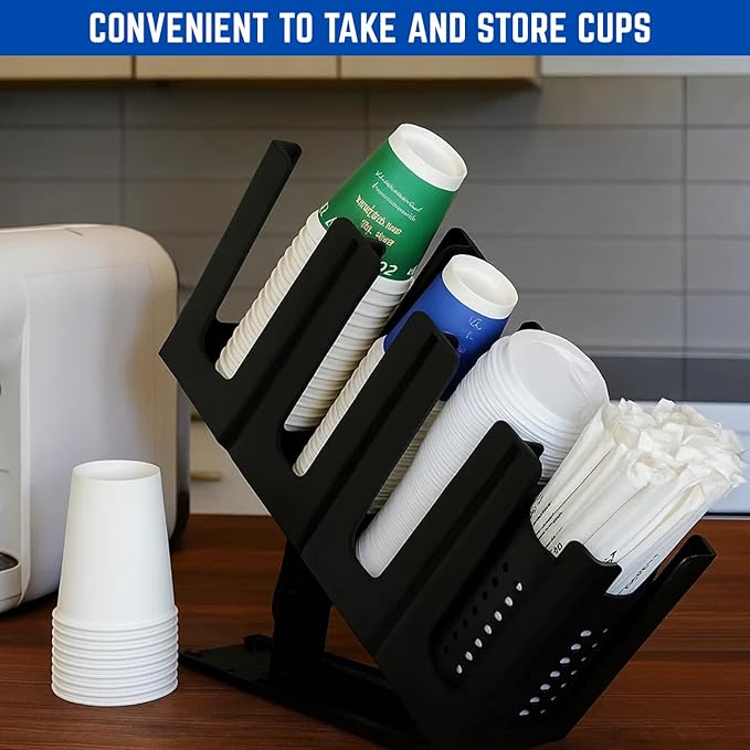 Cup and Lid Holder with Straw Organizer – Includes Clean Brush & Lid Organizer, 4 Adjustable Compartments, Coffee Cup and Lid Dispenser for Countertop, Coffee Station, Breakroom, Bar – Black-NeatNest