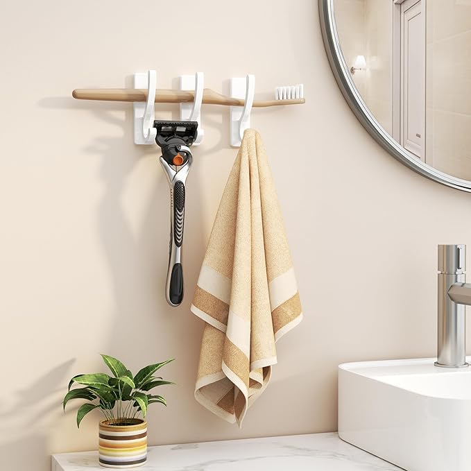 Adhesive Wall Hooks for Towels Coats - Stick On Hooks Hanging Heavy Duty (13lb), Metal Hook for Door, Bathroom, Dorm, Closet - Hanger for Purse, Bag, Robe,Backpack - No Damage to Wall - White 4 Pack