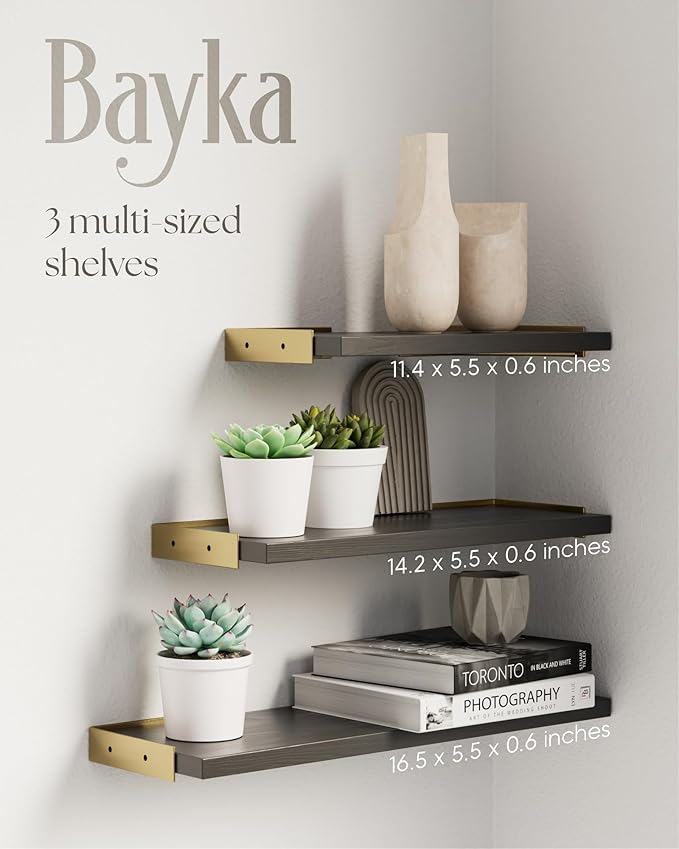 BAYKA Floating Shelves for Bedroom Decor, Wall Shelves for Storage, Wall Mounted Rustic Wood Floating Shelf for Books,Corner Shelf for Bathroom,Kitchen,Living Room(Black and Gold,Set of 4)-NeatNest