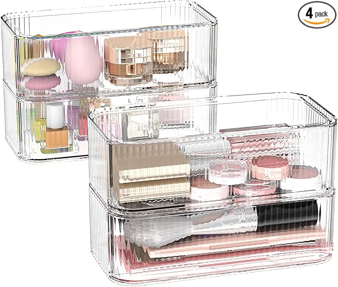 4 Pack Stackable Storage Drawers, Clear Acrylic Makeup Organizer for Vanity, Plastic Storage Bins, Multi-Purpose Cosmetic Display Organizers for Jewelry, Bathroom, Office, Pantry, Home Organization-NeatNest