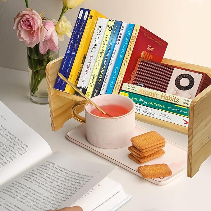 Desktop Bookshelf Organizer, Wood Office Tabletop Book Storage Rack, Tilting Bookcase for Books/Magazine Display,Small Desktop Bookshelf,Desk Shelf-NeatNest