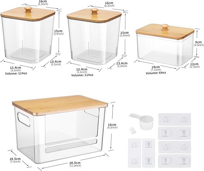 Extra Large Trash Bag Holder 4 Pack Garbage Bag Dispenser Roll Holder with Lid Laundry Room Organizer Under Sink Stackable Storage, Wall Mounted Laundry Dryer Sheet Holder Clear Pod Container