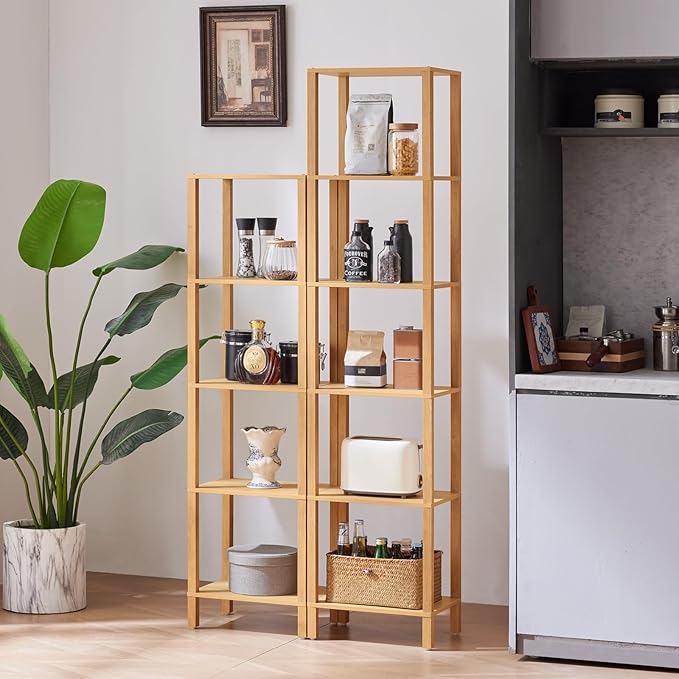 54in Tall Bookshelf 5-Tier Small Narrow Bookcase, Skinny Book Shelf for Small Space, Farmhouse Slim Shelf with Storage, Wood Freestanding Display Thin Bookshelves for Living Room, Natural