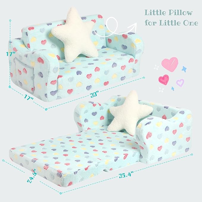 Extra Wider Seating Toddler Couch, 2-in-1 Toddler Soft Couch Fold Out with Star Pillow, Convertible Sofa to Lounger for Girls and Boys-NeatNest