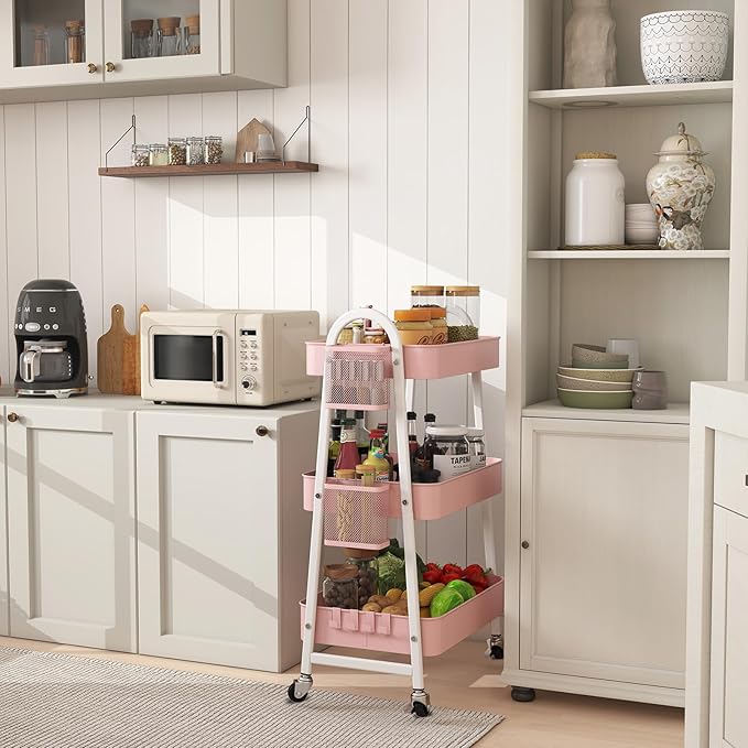 Sekey 3 Tier Rolling Cart Metal, Easy Install Utility Cart on Wheels, Hanging Cups & Hooks, Heavy Duty Storage Cart with Lockable Wheels for Baby Nursery, Bathroom, Kitchen, Laundry Room, Pink