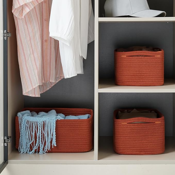 3-Pack Storage Baskets for Organizing | Woven Shelf Toy Basket | Rope Baskets for Gifts Empty | Closet Organizer Bins with Handles | Cube Decorative Box | 13.7×7.1×6.7” | Brick Red-NeatNest