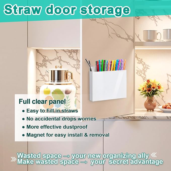 Acrylic Straw Holder for Cabinet Door, Reusable Straw Organizer with Removal Adhesive Tapes, Magnetic Mount, Drinking Straw Storage Container for Kitchen Bar Counter Cupboard 1 Pack
