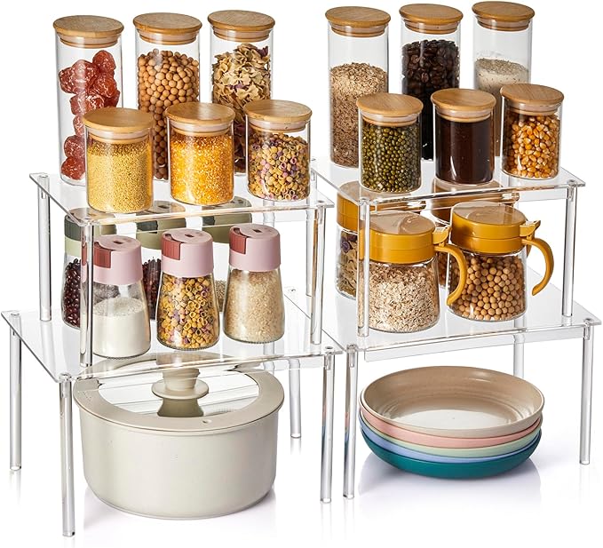 Acrylic Spice Rack Organizer Shelf for Cabinet, Set of 4 Shelves for Kitchen Organizers and Storage, Stackable Display Riser Shelf for Countertop Display Pantry Cabinet, Clear Shelves Room Decor-NeatNest
