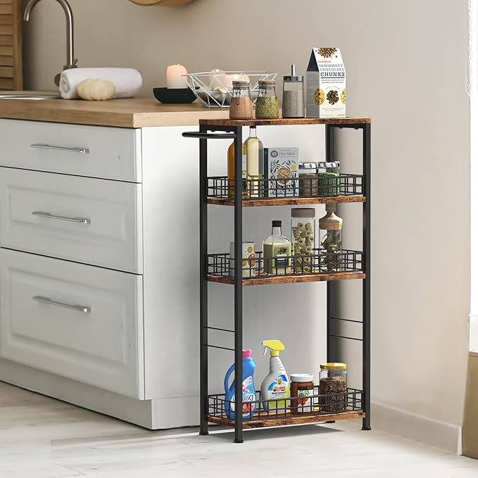 Slim Storage Cart Rolling Kitchen Cart with Wheels Narrow Laundry Storage Utility Cart 4 Tier Bathroom Mobile Shelving Unit Organizer with Wood Tabletop Trolly Cart with Handle for Small Spaces, Brown-NeatNest