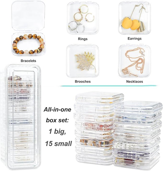 Clear Travel Jewelry Organizer Box, Rectangular Plastic Storage Container with 15 Sturdy Portable Small Cases for Organizing Beads, Crafts, Earrings, Rings, Necklaces, Small Parts in Drawer-NeatNest