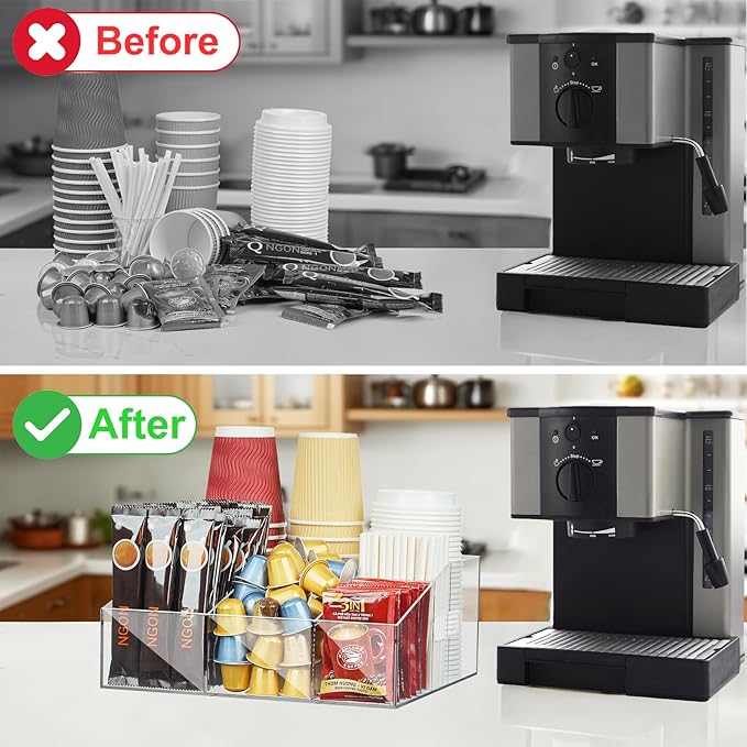 Acrylic Coffee Bar Organizer for Countertop, Cups Lids Sleeves Pods Syrups and Coffee Bar Accessories Storage Organizer Condiment Holder for Office Breakroom, Clear-NeatNest