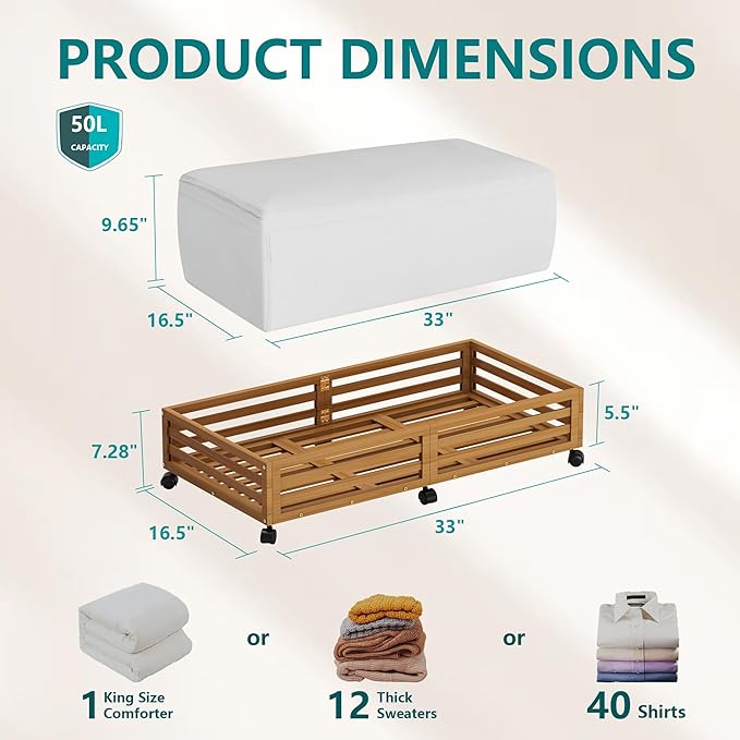 Bamboo Under Bed Storage Containers- Underbed Organizer with Wheels with Large Capacity Dust Bag,Sturdy Wood Rolling Under Bed Shoe Storage Organizer 2 Packs (Walnut, 2 Packs (33.07"×16.54"))-NeatNest