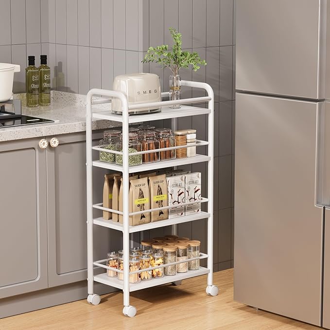 Slim Storage Cart, 4 Tier Small Rolling Bathroom cart Metal and Wood Skinny Utility Cart on Wheels for Narrow Kitchen Laundry Room White
