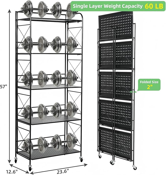 Foldable 5-Tier Metal Shelf with Wheels - Folding Bookshelf Unit for Living Room, Kitchen, Study 12.6" D x 23.6" W x 57.0" H, Matte Black