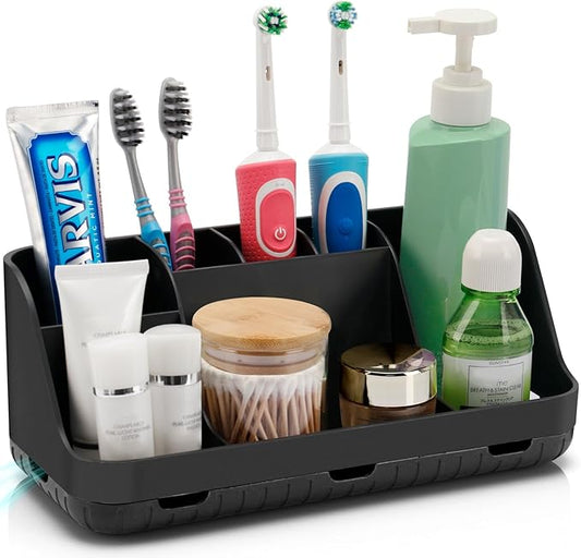 Black Toothbrush Holder - 7 Slots Bathroom Organizer Countertop with Drainage Matte Black Electric Toothbrush and Toothpaste Holder for Bathroom Accessories Organization Vanity Sink Storage-NeatNest