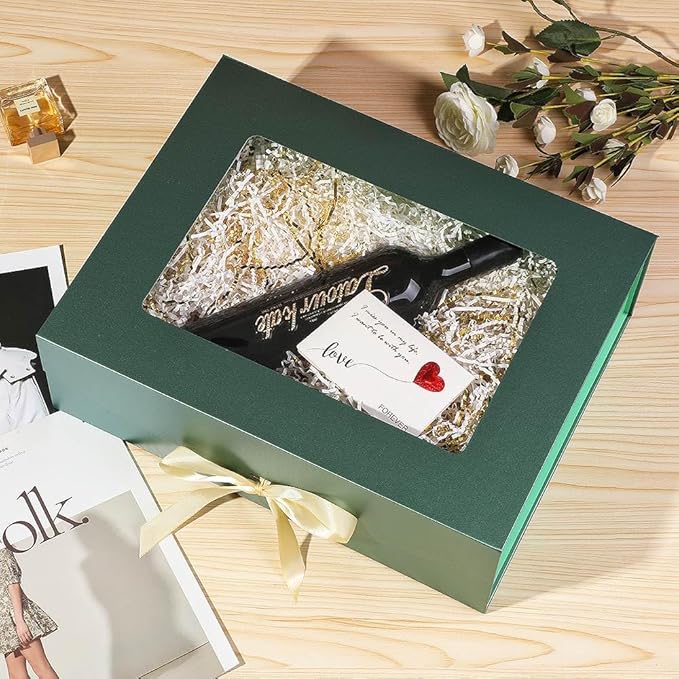 3 Pcs Green Extra Large Gift Box for Presents with Ribbon 16.5x13x5.3 Inches Clear Gift Box with Window Magnetic Closure Gift Boxes with Lids-NeatNest