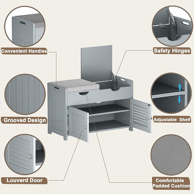 ChooChoo Shoe Storage Bench with Lift Top Storage, Entryway Bench with 2 Cushioned Seats, 3 Compartments, Adjustable Shelf, Shoe Cabinet for Entryway, Bedroom, Living Room, Grey-NeatNest