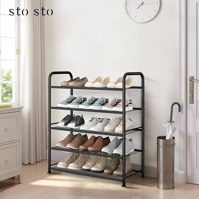 STO STO 5-Tier Shoe Rack with Sturdy Mesh Shelves, Heavy Duty Metal Shoe Organizer for Entryway, Closet, Garage, Front Door, Holds 15 Pairs, Free Standing Shoe Storage Shelf, Adjustable Feet, Black-NeatNest