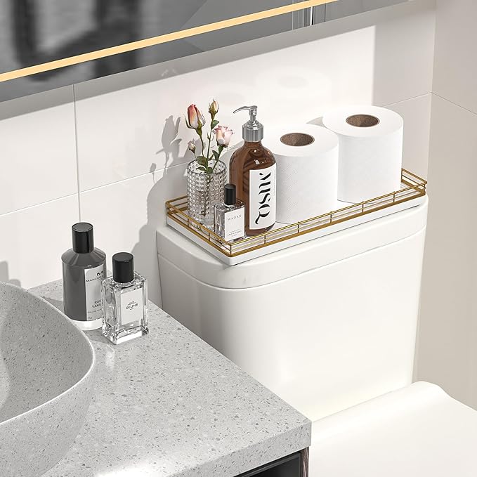 Bathroom Toilet Tank Tray, 13" Wood Toilet Paper Storage Basket Tray Back of Toilet Basket Organizer,Vanity Tray for Perfume Makeup Candle Decor, Gold & White-NeatNest