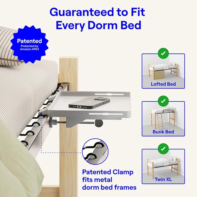 BedShelfie Bedside Shelf for Dorm Room Bunk Bed & Top Bunk, College Dorm Room Essentials, Bedside Caddy, Clip on Floating Tray, Bed Side Table Storage, Loft Nightstand Decor - Dorm Essential, White-NeatNest
