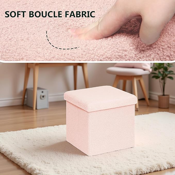 Folding Storage Ottoman Cube - Small Footrest with Sherpa Top, Multi-Functional Storage for Bedroom, Living Room-Pink
