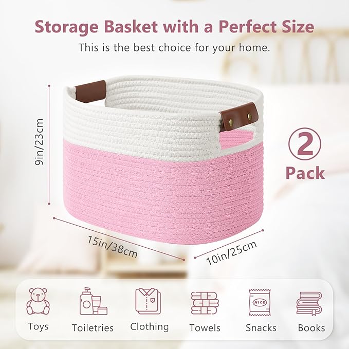 Cotton Rope Basket , Storage Baskets with Handle, 15x10x9 Inch Woven Basket for Shelves, Laundry, Towels, Clothes, Books, Toys (White/Pink 2Pack)-NeatNest