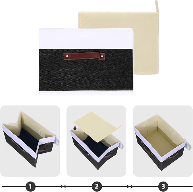ANMINY Storage Boxes with Lids Washable Decorative Storage Bins Basket with PU Leather Handle Foldable Linen Fabric Storage Cubes Containers for Home Closet Organizer - Black White, Large Size-NeatNest