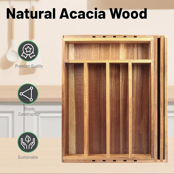 Acacia Wood Silverware Organizer, Kitchen Utensil Drawer Organizer, Fork and Spoon Utensil Holder Organizer. Can Also Be Used To Organize Jewelry, Tools, Office Supplies and Make Up. (5 bulkheads)