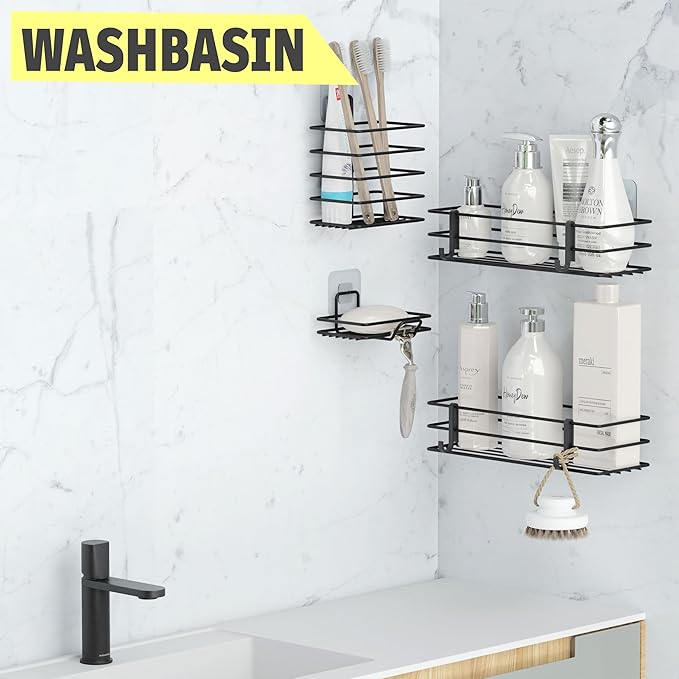Dekula Adhesive Shower Caddy 4 Pack, Shower Shelves Organizer for Bathroom Storage, Rustproof Stainless Steel Bath Organizers, Kitchen, Adhesive or Screw, Soap Dish, Hooks, Wall Shelf