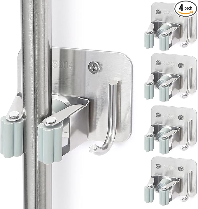 Broom Holder Wall Mount Screw Drilling, Sturdy Heavy Duty Stainless Steel Mop Gripper Rack Perforated, Perfect for Laundry Room Organizer, Fit with Laundry Kitchen Garage Garden Storage System-NeatNest