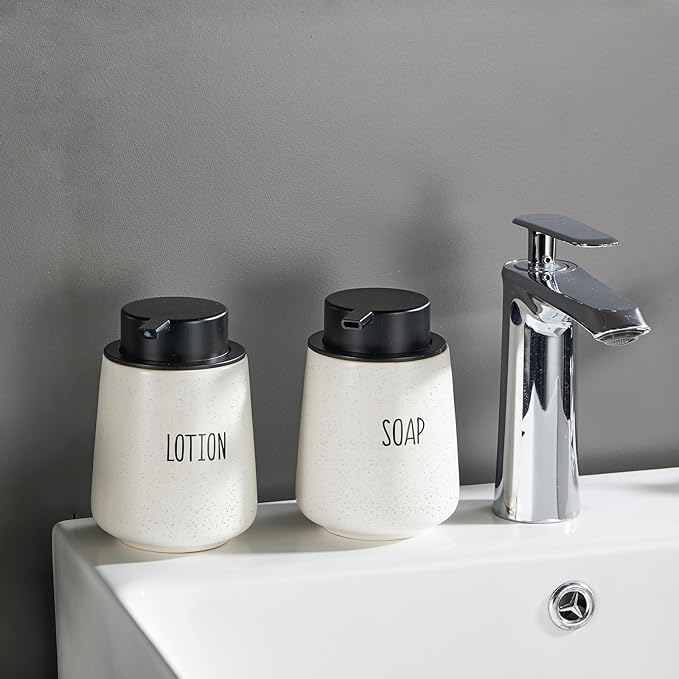 12Oz Beige Foaming Soap Dispenser Set - Ceramic Foam Hand Soap Dispenser Set with Easy-to-Press Pump, Refillable Liquid Dish Soap Dispensers for Bathroom and Kitchen, 2 Pack-NeatNest